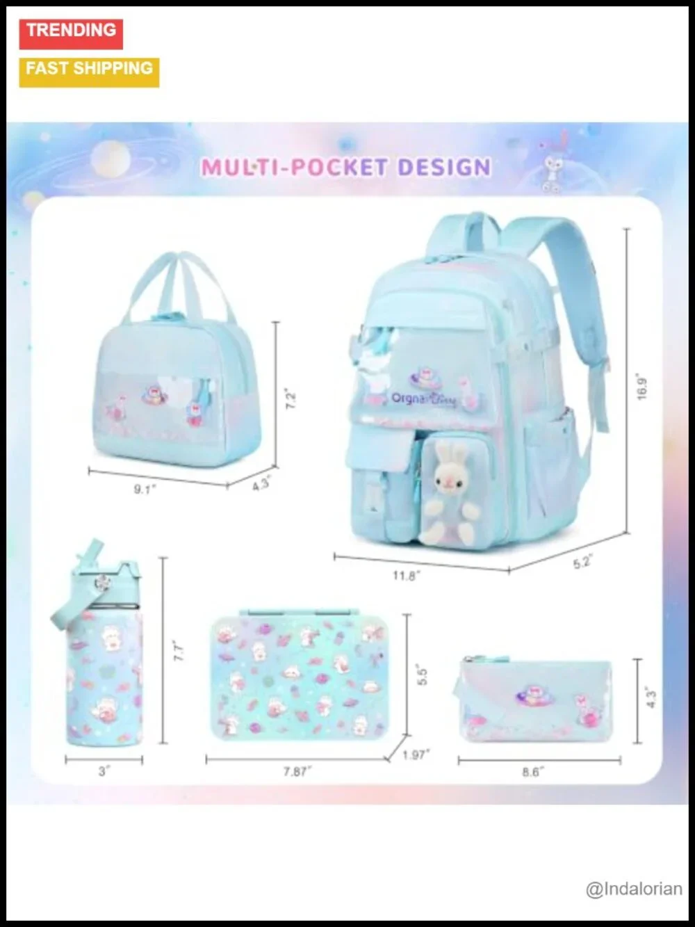 Girls Backpack Set with Bento Box, Insulated Water Bottle, Kawaii Bunny School